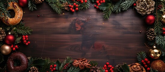 Poster - Festive background with a central copy space image framed by fir and pine branches bows rose hips Christmas ornaments and bagels on a dark wooden backdrop viewed from above