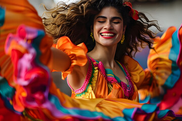 Beautiful young woman in a colorful dress dancing flamenco