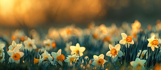 Wall Mural - Field of daffodils with space for text in image. with copy space image. Place for adding text or design