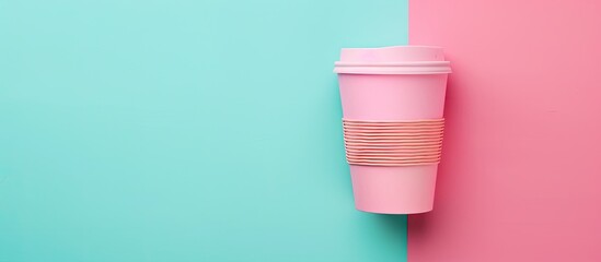 Aufkleber - A pink paper coffee cup on a pastel background with copy space symbolizing a morning wake up concept Top view mockup of a takeaway drink container