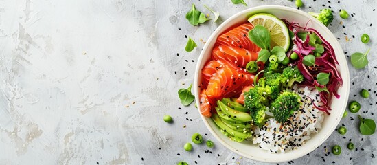 Aufkleber - Flat lay of a tasty poke bowl with fresh ingredients on a light grey backdrop providing ample space for text next to the image