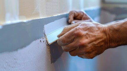 Close up of hands carefully applying paper tape to an inside corner joint