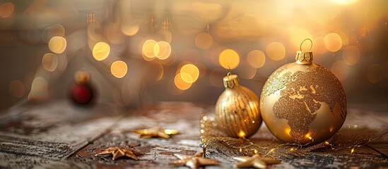 Poster - Golden Christmas ornaments and a globe are seen creating a festive atmosphere providing a cheerful and warm ambiance to the setting along with copy space image