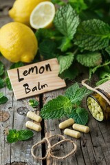 Wall Mural - Lemon Balm capsules and supplements on the table. Selective focus.