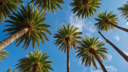 Wall Mural - Wallpaper  palm trees under view blue sky background landscape nobody, palm tree, palms, leaves