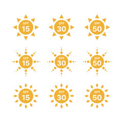 Wall Mural - sun protection factor' icon set. 'SFP' icon with various sun shapes and numbers.