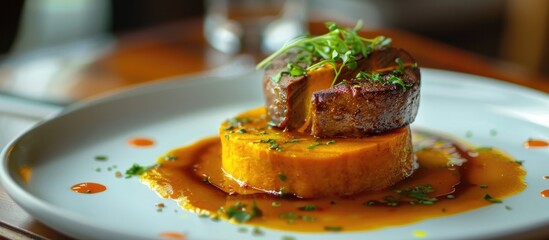 Aufkleber - A typical Brazilian dish of pumpkin cooked medium rare with meat topped on a white plate for a copy space image