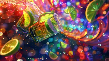 Wall Mural - Tequila shots and margaritas with lime wedges a kaleidoscope of 5 de Mayo colors background