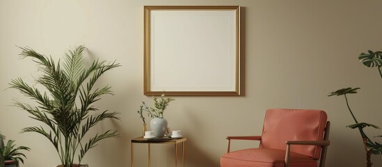 Poster - Elegant retro living room decor with vintage furniture plants personal items and a gold frame on a beige wall Template with stylish chair and table copy space image available