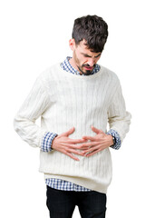 Poster - Young handsome man wearing winter sweater over isolated background with hand on stomach because indigestion, painful illness feeling unwell. Ache concept.