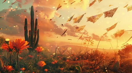 Canvas Print - Papel picado and agave plants cactus blooms in golden sunset 5 de Mayo wallpaper