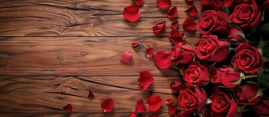 Wall Mural - Looking down on red roses and petals on a wooden floor with a Valentine s Day theme and available space for adding text or images. with copy space image. Place for adding text or design