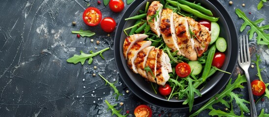 Aufkleber - Healthy lunch featuring chicken green beans arugula tomatoes and vinaigrette on a stone or slate background Promotes proper nutrition and a healthy lifestyle Shot from above with copy space image