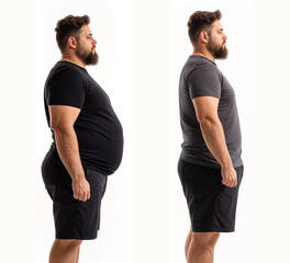 Wall Mural - Before and after weight loss transformation of overweight man to slim. Concept Weight Loss Transformation, Before and After Photos, Overweight to Slim, Body Transformation, Fitness Journey