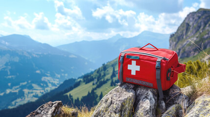 Canvas Print - A red first aid kit bag resting on rocky terrain in a mountainous landscape with cloudy skies in the background.