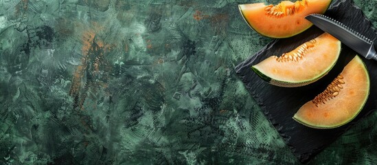 Leinwandbilder - Fresh melon slices presented on a slate board with a knife set against a green background with room for text in a copy space image
