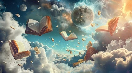 Canvas Print - Floating book pages and ink blots against swirling clouds in surreal backdrop