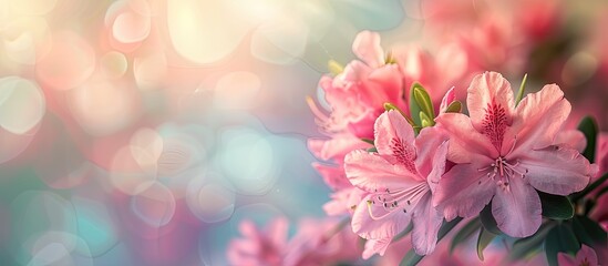Leinwandbilder - Close up image of Rhododendron dauricum flowers also known as bagulnik or maralnik providing a pink floral display with space for additional content
