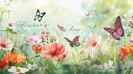 Canvas Print - Blooming flowers and butterflies with 'Teacher's Day' in delicate cursive