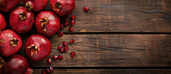 Poster - A flat lay display with fresh pomegranates and room for text on a wooden surface. with copy space image. Place for adding text or design