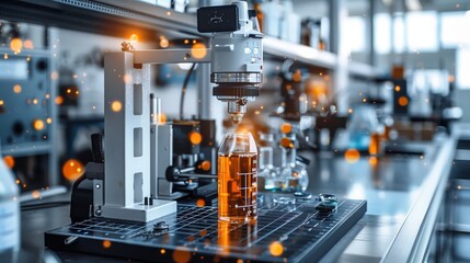 Poster - a close-up view of a robotic arm dispensing liquid into a graduated cylinder in a modern laboratory 