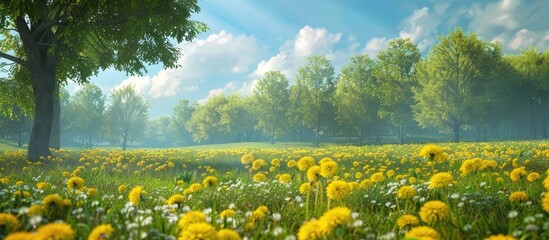 Poster - A scenic spring meadow featuring vibrant yellow dandelions with copy space image