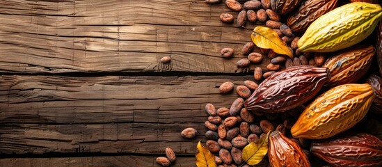 Leinwandbilder - Wooden table displaying cocoa pods and beans with available copy space for text