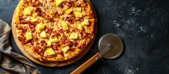 Poster - Delicious Hawaiian pizza with cheese crispy bacon and pineapple served with a pizza cutter wheel on a dark background showcasing a copy space image