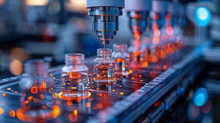 Poster - a robotic arm fills small glass vials with liquid on a production line, showcasing the use of automa