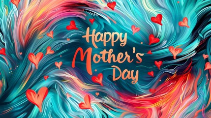 Wall Mural - Vibrant coral and teal background with hearts and Happy Mother's Day text