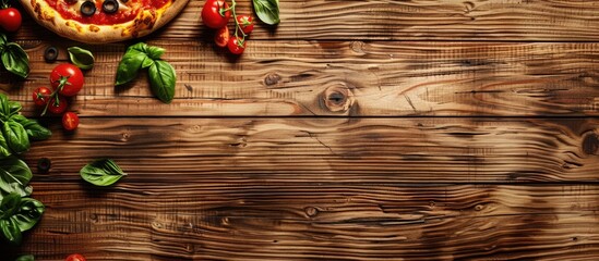 Poster - Pizza time with a light wooden table background featuring copy space image