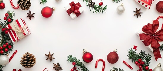 Poster - Christmas themed decorations arranged in a flat lay on a white background with ample space for image insertion