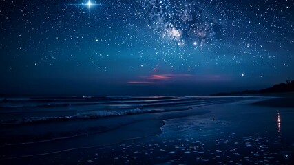 Wall Mural - Video animation of  serene night sky filled with stars over a tranquil beach. The horizon is visible, with a subtle glow possibly from a setting or rising sun