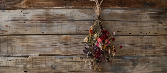 Aufkleber - Dried flower bouquet suspended on a rope against a wooden backdrop with copy space image