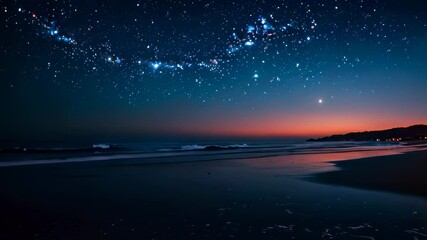 video animation of night sky filled with stars over a tranquil beach. the horizon, where the sky mee