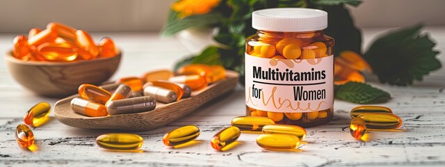 Wall Mural - Multivitamin capsules supplements on the table. Selective focus.