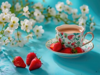 Wall Mural - cup of tea with strawberries