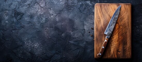 Leinwandbilder - Top view of a cutting board and knife against a dark background with space for copy space image
