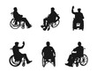 © ultra designer - disabled man in wheelchair silhouettes vector. Silhouettes disabled in a wheel chair. Vector drawing rights in a wheelchair. silhouette businessman sitting on wheelchair over white background.