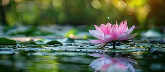 Leinwandbilder - The Lotus flower with long stem and lush petals known for its beauty typically grows in serene settings like ponds creating a serene and peaceful ambiance ideal for photographs with copy space image