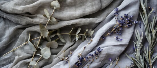Poster - Mockup of a card with grey linen fabric adorned by dried lavender and eucalyptus flowers offering a pleasant copy space image