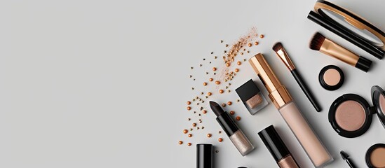 Poster - Luxurious makeup products displayed elegantly on a grey background with ample copy space image in a flat lay style