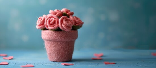 Aufkleber - A pot of pink handmade felt roses on a blue backdrop adorned with pink hearts Perfect for holiday cards congratulations or invitations Includes copy space image