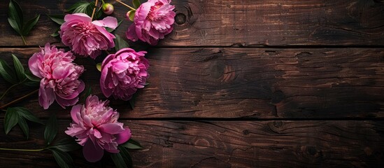 Poster - Pink peonies displayed on a dark rustic wooden surface from a top down perspective with room for text a floral greeting card example for Mother s Day featuring a flat lay with a pink floral image