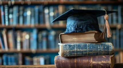 Wall Mural - Graduation Cap and Books in Library