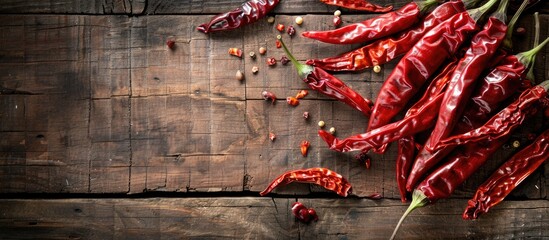 Wall Mural - Dried chili peppers in vibrant red hues placed on a wooden table with copy space image