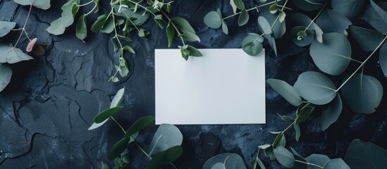 Aufkleber - Elegant table arrangement with eucalyptus branch and blank card on a dark backdrop ideal for a copy space image