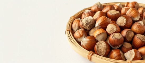 Leinwandbilder - Image of hazelnuts and shells in a bamboo bowl against a white backdrop featuring ample copy space