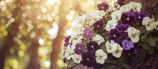 Poster - Bouquet of white and purple pansies on tree backdrop in nature with copy space image