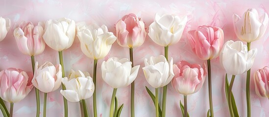 Poster - Tender and intricate white and pink tulips create a charming display in a copy space image